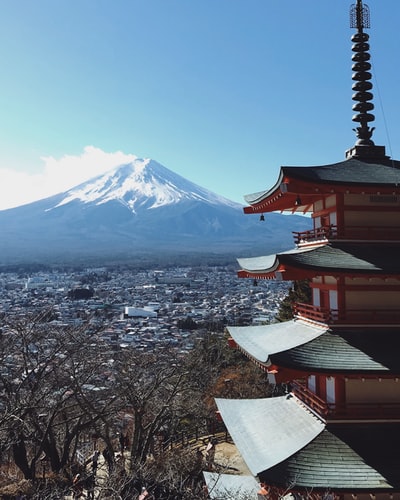 Near Mount Fuji, red, gray and brown pagoda temple
